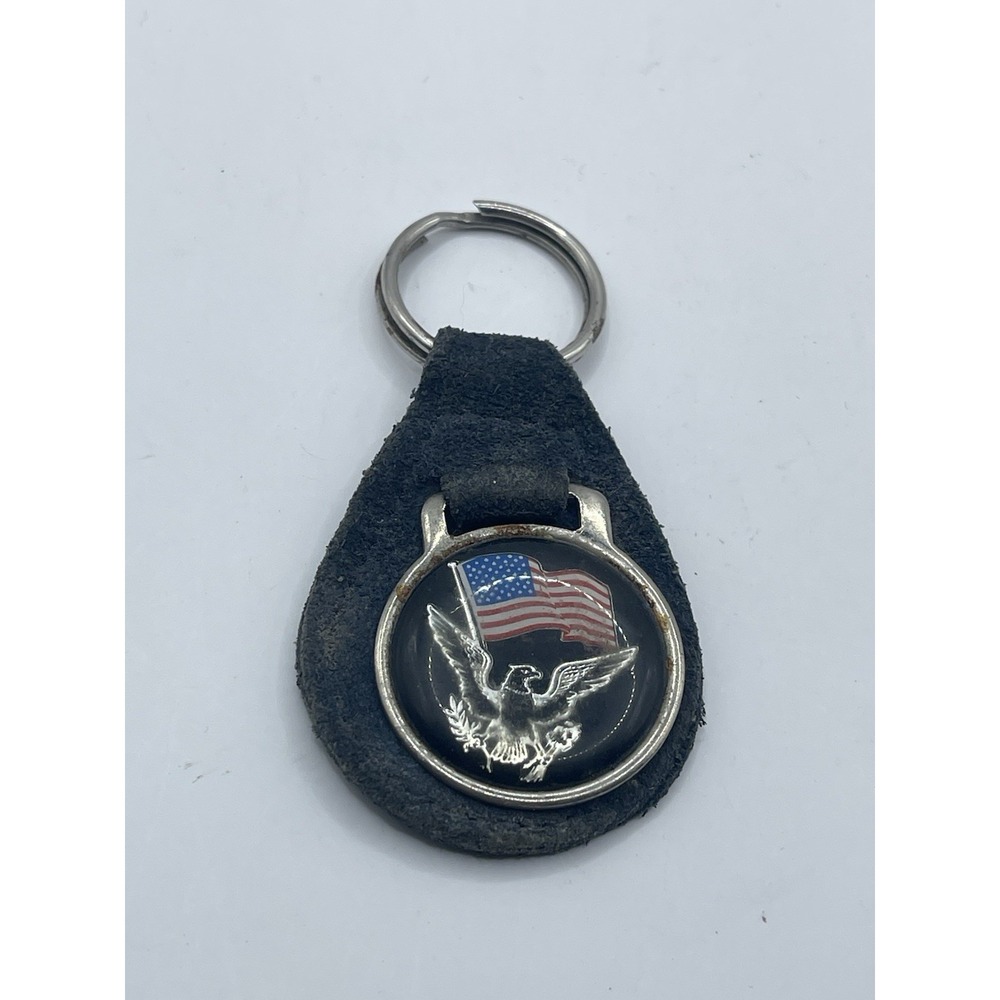 Patriotic American Flag Bald Eagle Emblem Leather Fob Keychain Key Ring